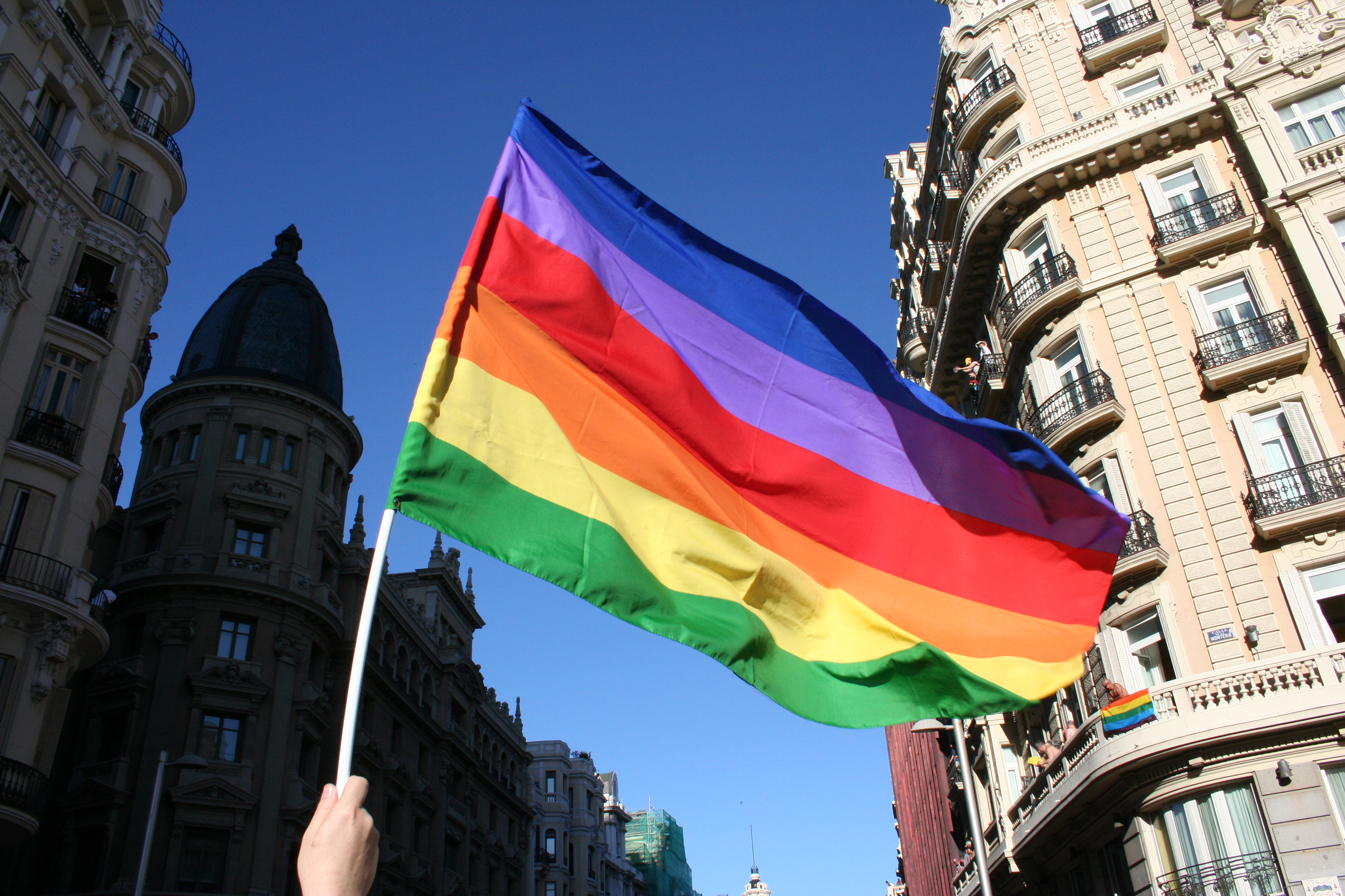 Bandeira LGBT na para do Orgulho em Madrid. FOTO: WikiMedia Commons