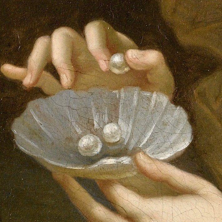 Pintura - mãos segurando uma concha com pérolas dentro